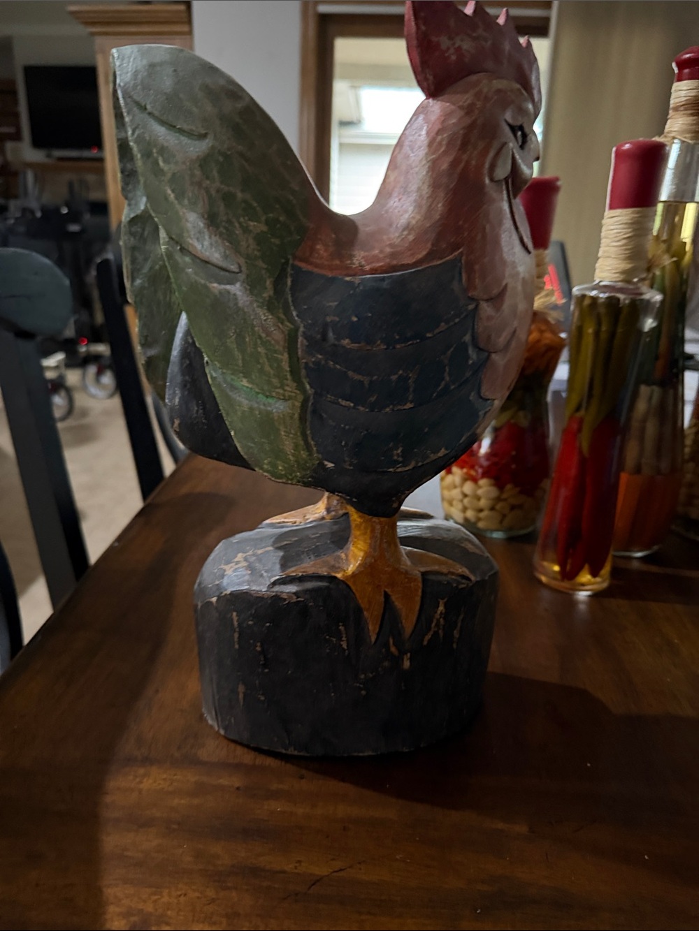 Hand-Carved Multicolor Wooden Rooster Sculpture - Rustic Home Accent